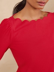 Love & Roses Red Scallop Boat Neck Long Sleeve Top - Image 2 of 4