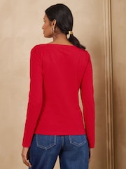 Love & Roses Red Scallop Boat Neck Long Sleeve Top - Image 4 of 4