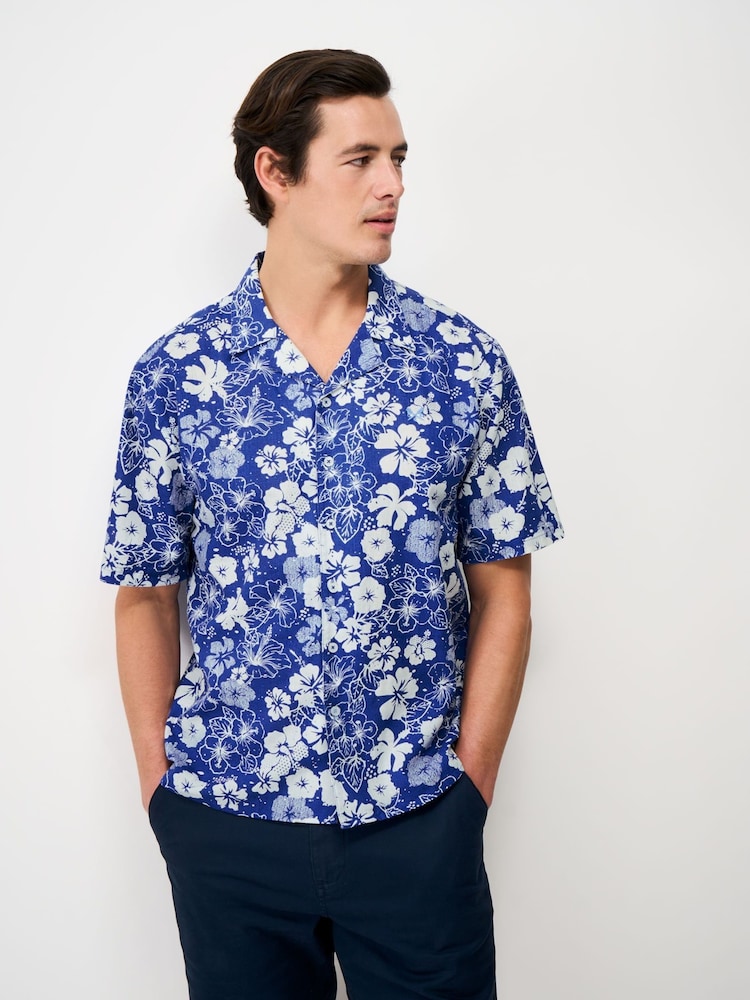 Crew Clothing Blue Linen Blend Revere Shirt - Image 1 of 5