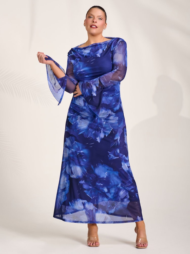 Jolie Moi Blue Slash Neck Mesh Maxi Dress - Image 1 of 6 Jolie Moi Blue Slash Neck Mesh Maxi Dress - Image 1 of 6