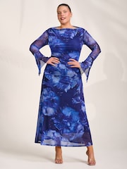 Jolie Moi Blue Slash Neck Mesh Maxi Dress - Image 4 of 6