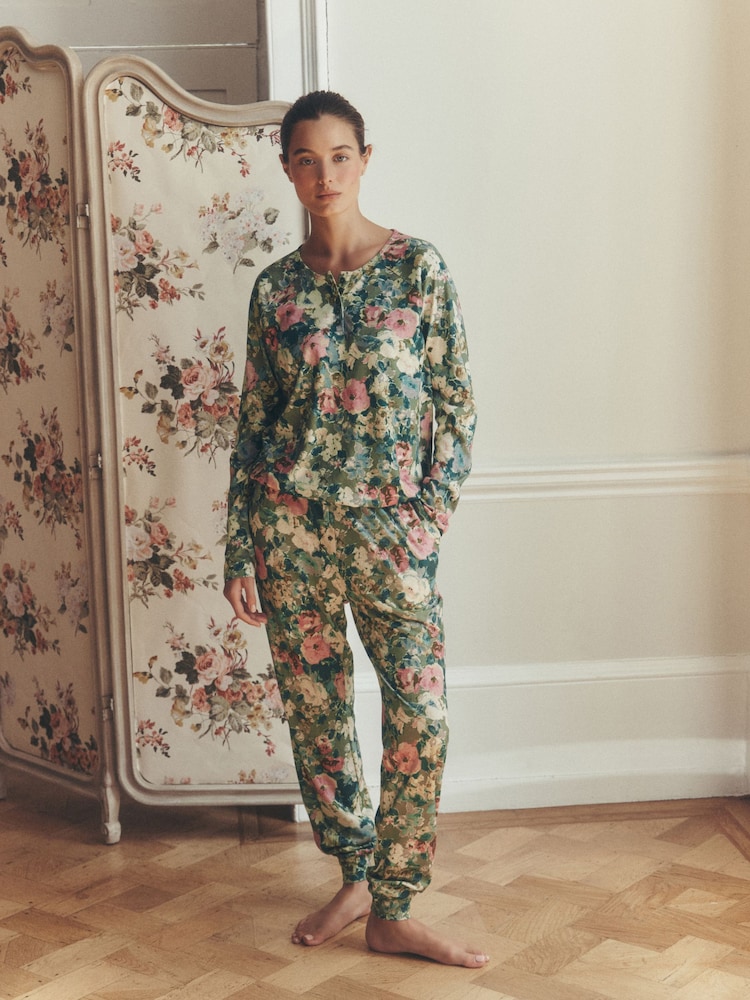 Laura Ashley Pink/Green Lichendale Jersey Twosie Pyjamas - Image 1 of 13 Laura Ashley Pink/Green Lichendale Jersey Twosie Pyjamas - Image 1 of 13