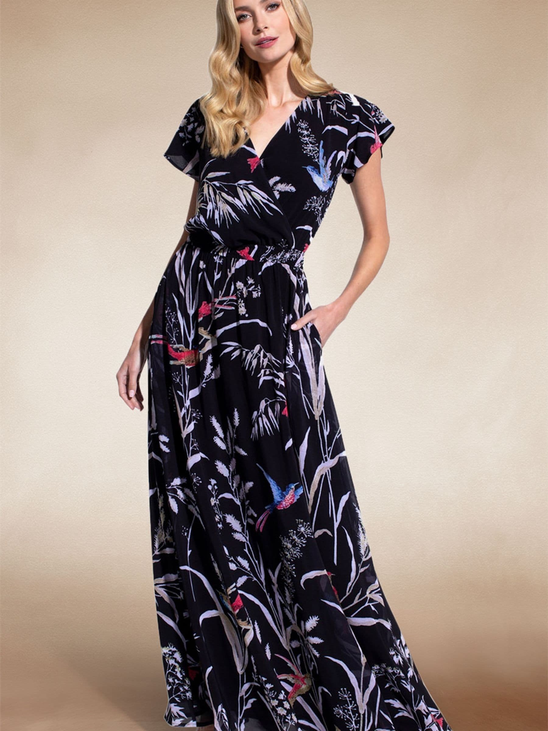 Hot Squash Women's Black Elegant Mock Wrap Chiffon Maxi Dress