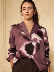 Mauve Purple Floral Print Soft Revere Collar Long Sleeve Shirt - Image 1 of 5