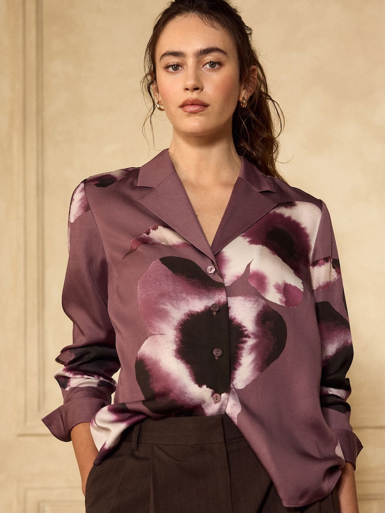 Mauve Purple Floral Print Soft Revere Collar Long Sleeve Shirt - Image 1 of 5 Mauve Purple Floral Print Soft Revere Collar Long Sleeve Shirt - Image 1 of 5