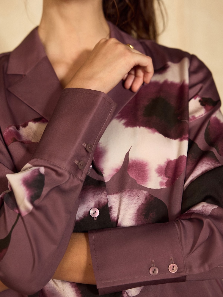 Mauve Purple Floral Print Soft Revere Collar Long Sleeve Shirt - Image 5 of 5 Mauve Purple Floral Print Soft Revere Collar Long Sleeve Shirt - Image 5 of 5