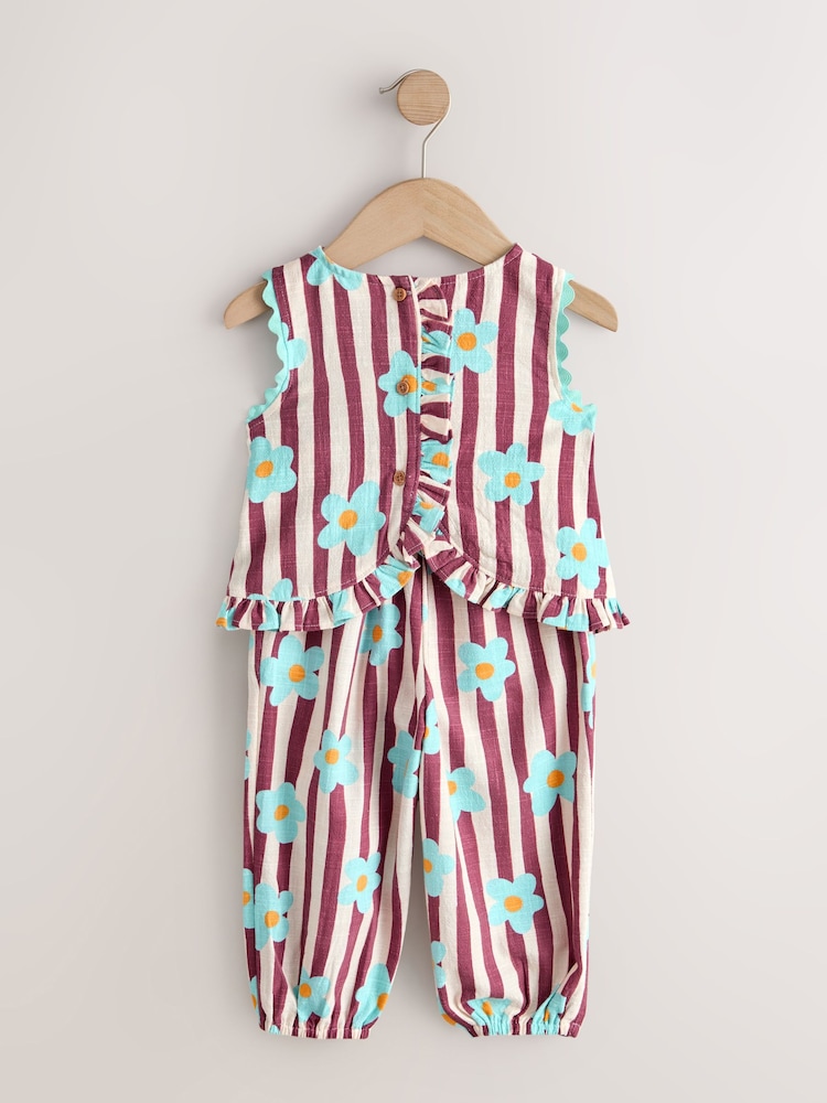 Chocolate Brown Floral Stripe Top & Cuffed Trousers Set (3mths-7yrs) - Image 2 of 2