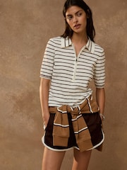 Ecru/Brown Stripe Quarter Zip Short Sleeve Knitlook Polo Shirt - Image 1 of 8