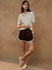 Ecru/Brown Stripe Quarter Zip Short Sleeve Knitlook Polo Shirt - Image 2 of 8