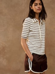 Ecru/Brown Stripe Quarter Zip Short Sleeve Knitlook Polo Shirt - Image 3 of 8