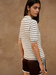 Ecru/Brown Stripe Quarter Zip Short Sleeve Knitlook Polo Shirt - Image 4 of 8