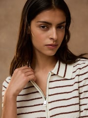 Ecru/Brown Stripe Quarter Zip Short Sleeve Knitlook Polo Shirt - Image 5 of 8