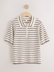 Ecru/Brown Stripe Quarter Zip Short Sleeve Knitlook Polo Shirt - Image 6 of 8