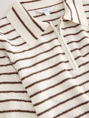Ecru/Brown Stripe Quarter Zip Short Sleeve Knitlook Polo Shirt - Image 7 of 8