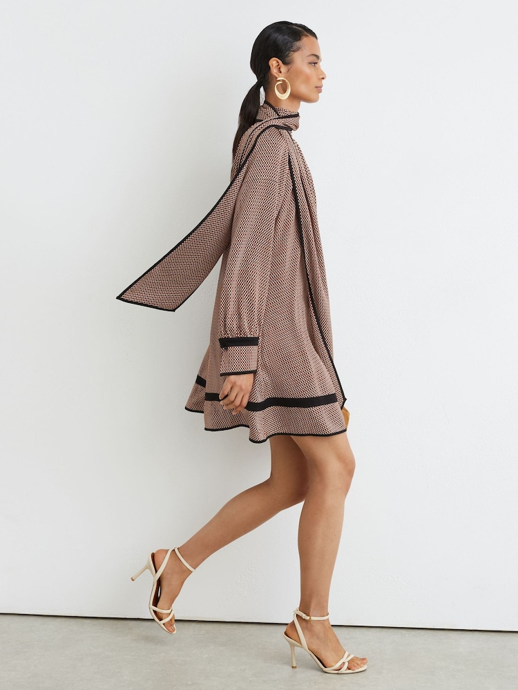 Reiss Red Alwen Printed Scarf-Neck Swing Mini Dress - Image 1 of 10 Reiss Red Alwen Printed Scarf-Neck Swing Mini Dress - Image 1 of 10