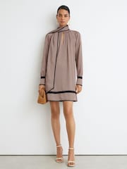 Reiss Red Alwen Printed Scarf-Neck Swing Mini Dress - Image 5 of 10