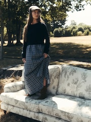 Laura Ashley Navy Check Knitted 2-in-1 Tie Neck Maxi Dress - Image 1 of 9