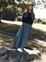 Laura Ashley Navy Check Knitted 2-in-1 Tie Neck Maxi Dress - Image 2 of 9