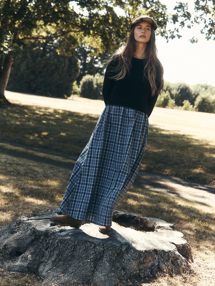 Laura Ashley Navy Check Knitted 2-in-1 Tie Neck Maxi Dress - Image 2 of 9