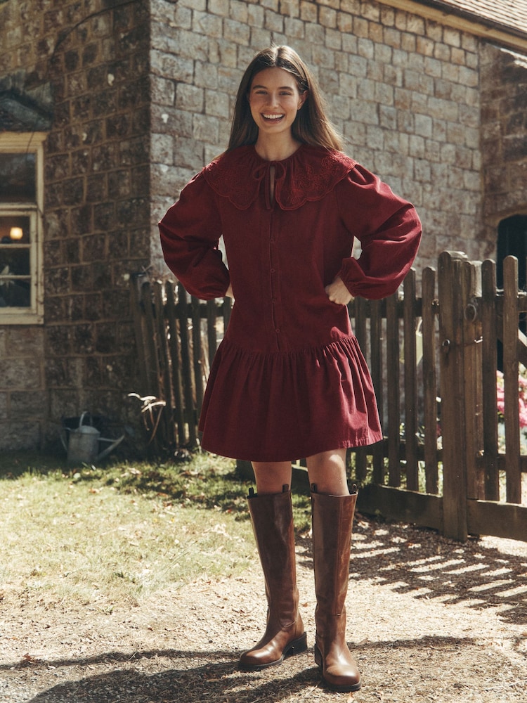 Laura Ashley Cord Embroidered Statement Scalloped Collar Tea Dress - Kuva 1 / 7