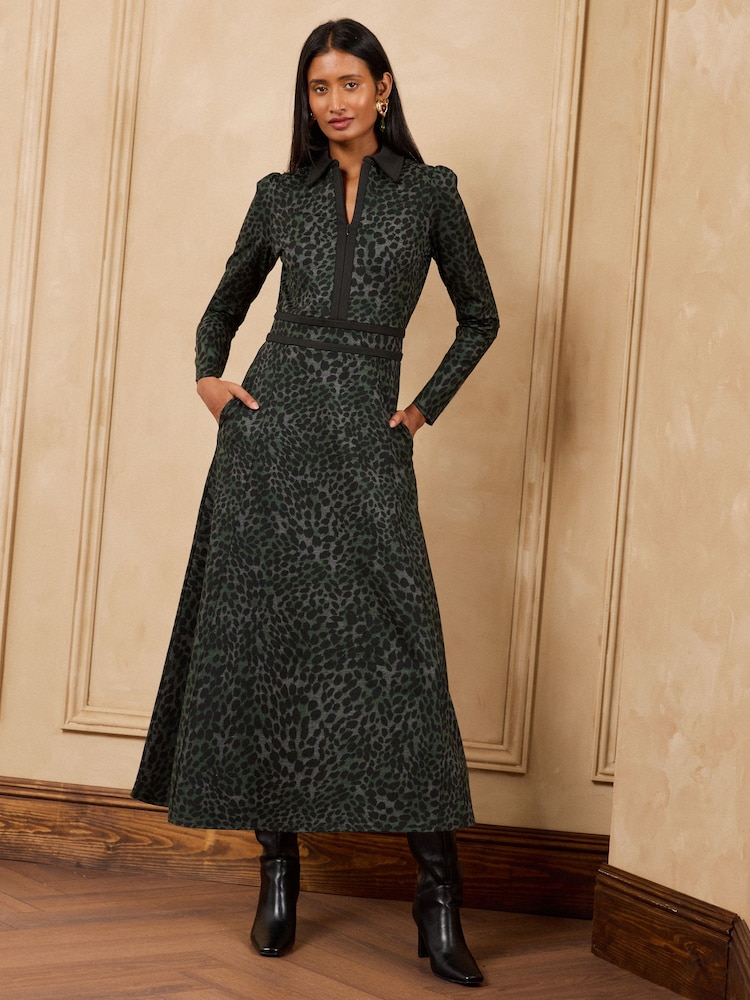 Love & Roses Black/Animal Print Tailored Ponte Midi Dress - Image 1 of 5