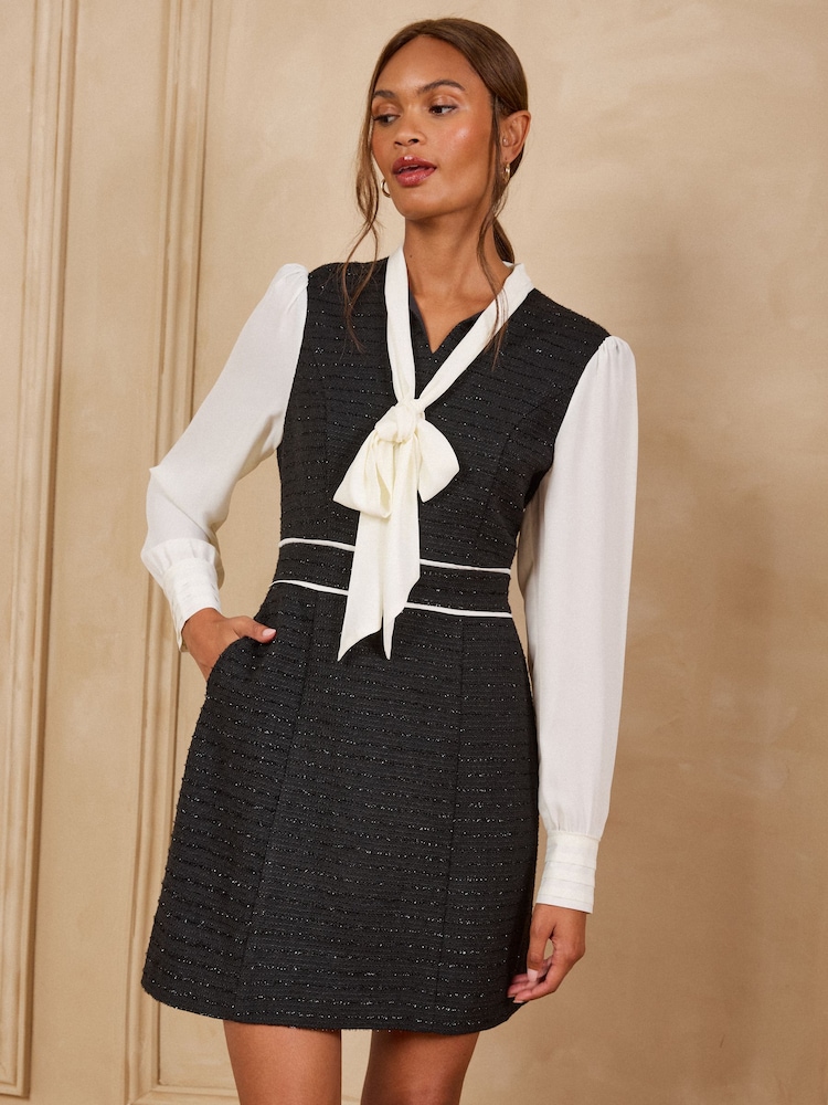 Love & Roses Black Tailored 2 in1 Boucle Dress With Sheer Sleeves - Image 1 of 5