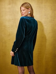 Love & Roses Teal Blue Tailored Velvet Bow Detail Long Sleeve Shift Mini Dress - Image 4 of 5