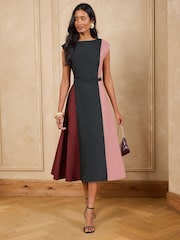 Love & Roses Navy Tailored Colour Block Belted Sleevless Midi Dress - Image 1 of 5