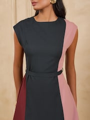 Love & Roses Navy Tailored Colour Block Belted Sleevless Midi Dress - Image 3 of 5