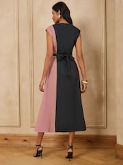 Love & Roses Navy Tailored Colour Block Belted Sleevless Midi Dress - Image 5 of 5