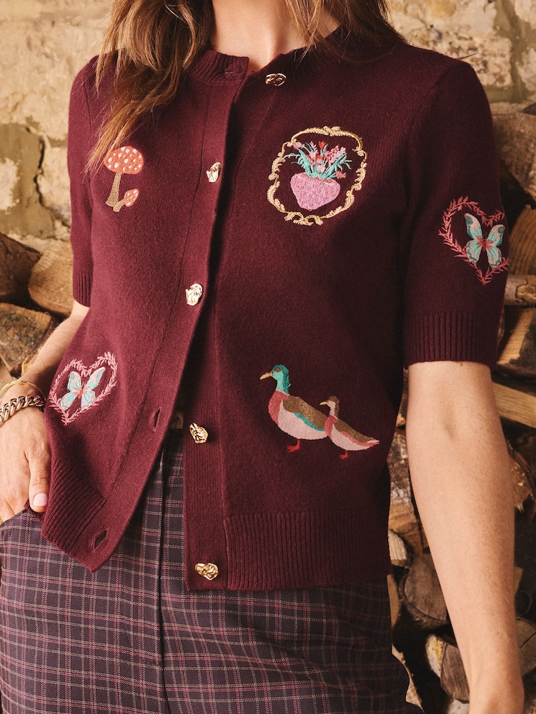 Love & Roses X Binky Burgundy Red Embroidery Detail Crew Neck Short Sleeve Knitted Cardigan - Image 2 of 4 Love & Roses X Binky Burgundy Red Embroidery Detail Crew Neck Short Sleeve Knitted Cardigan - Image 2 of 4