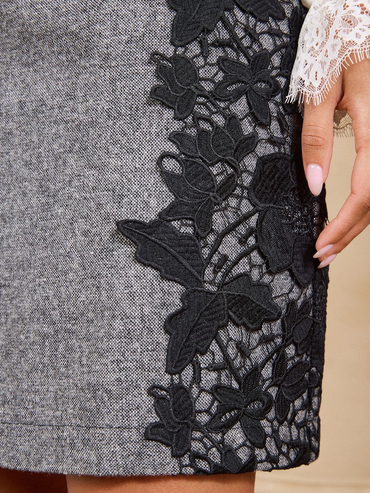 Love & Roses Grey Herringbone Lace Side Detail Mini Skirt With Wool - Image 5 of 5