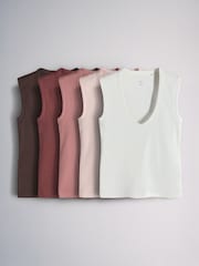 The Set 5 Pack Deep V-Neck Ribbed Vests Pink/Rust/Brown/White - Image 1 of 8
