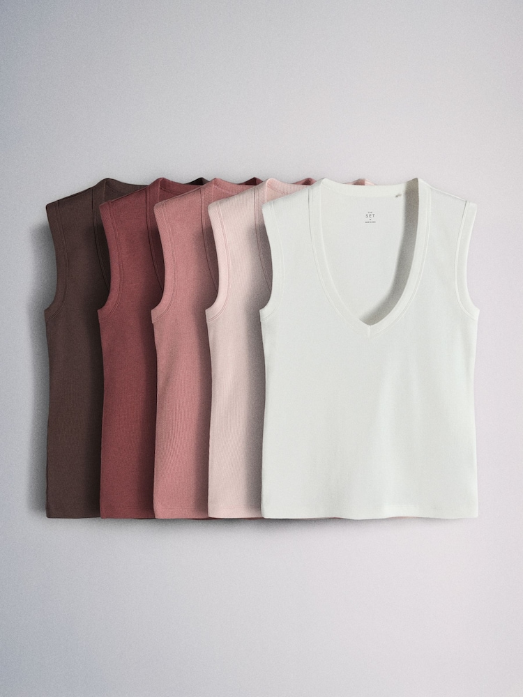 The Set 5 Pack Deep V-Neck Ribbed Vests Pink/Rust/Brown/White - Image 1 of 8