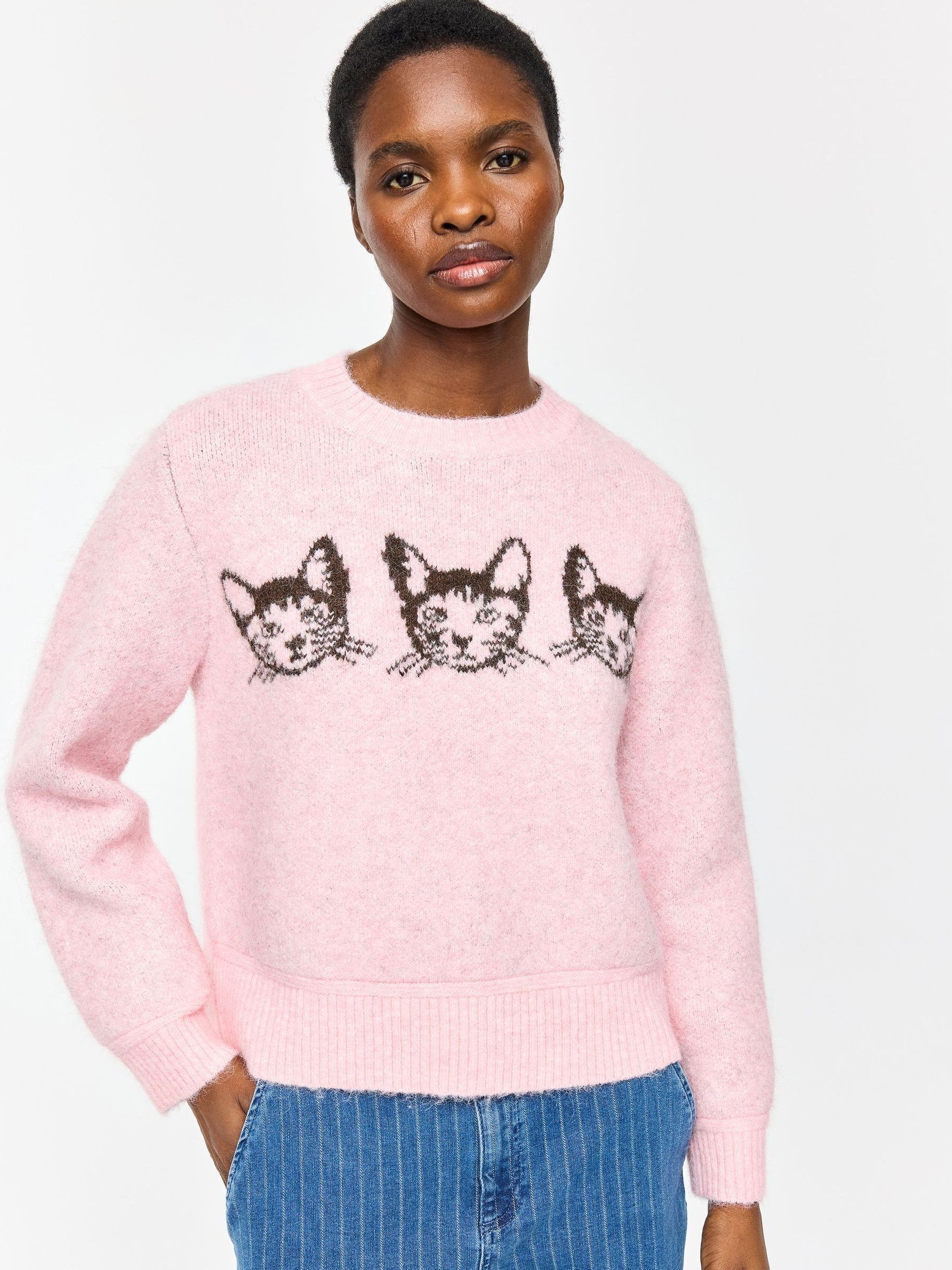 Buy Oliver Bonas Light Pink Mimi Cat Crew Neck Knitted Jumper from