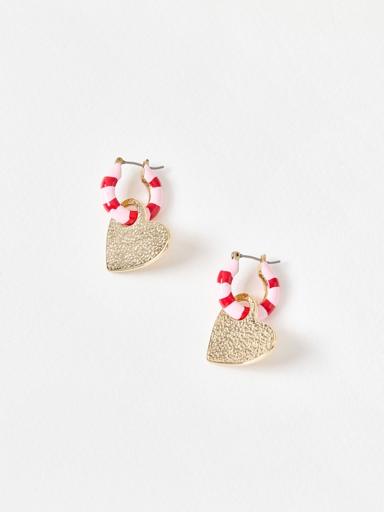 Oliver Bonas Pink & Red Quinn Enamel Striped Heart Hoop Earrings - Image 2 of 5 Oliver Bonas Pink & Red Quinn Enamel Striped Heart Hoop Earrings - Image 2 of 5