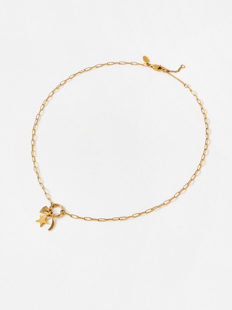Oliver Bonas Gold Tone Nina Stainless Steel Waterproof Star, Moon & Heart Charm Chain Gold Necklace - Image 1 of 4
