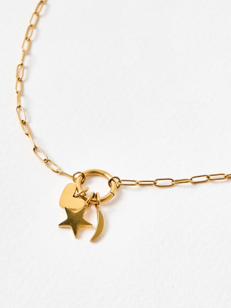Oliver Bonas Gold Tone Nina Stainless Steel Waterproof Star, Moon & Heart Charm Chain Gold Necklace - Image 2 of 4