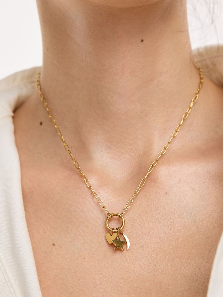 Oliver Bonas Gold Tone Nina Stainless Steel Waterproof Star, Moon & Heart Charm Chain Gold Necklace - Image 4 of 4