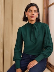 Love & Roses Forest Green Tie Neck Long Sleeve Stitch Detail Knitted Top - Image 1 of 4