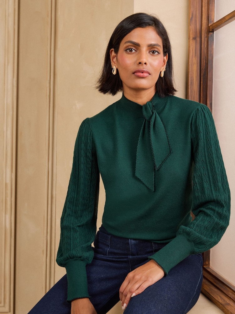 Love & Roses Forest Green Tie Neck Long Sleeve Stitch Detail Knitted Top - Image 1 of 4