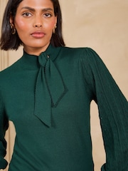 Love & Roses Forest Green Tie Neck Long Sleeve Stitch Detail Knitted Top - Image 2 of 4