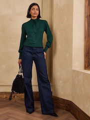 Love & Roses Forest Green Tie Neck Long Sleeve Stitch Detail Knitted Top - Image 3 of 4