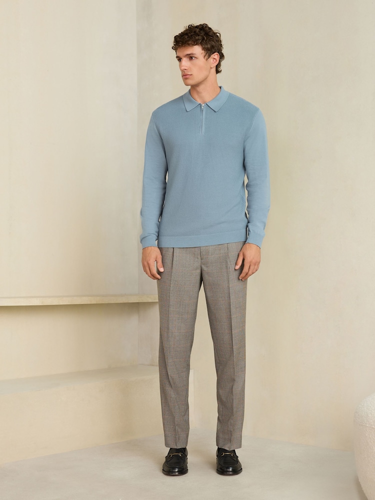 Blue Smart Textured Quarter Zip Knitted Polo Shirt - Image 2 of 8 Blue Smart Textured Quarter Zip Knitted Polo Shirt - Image 2 of 8