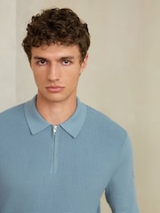 Blue Smart Textured Quarter Zip Knitted Polo Shirt - Image 5 of 8