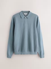 Blue Smart Textured Quarter Zip Knitted Polo Shirt - Image 6 of 8