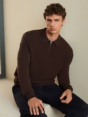 Brown Smart Textured Quarter Zip Knitted Polo Shirt - Image 1 of 9