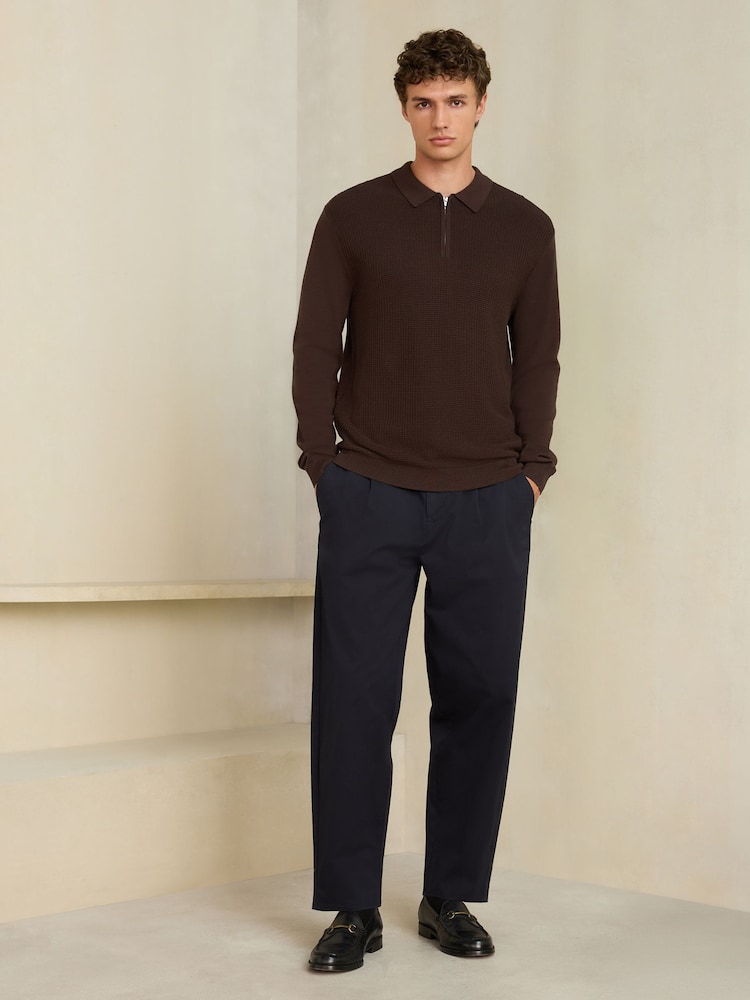 Brown Smart Textured Quarter Zip Knitted Polo Shirt - Image 2 of 9 Brown Smart Textured Quarter Zip Knitted Polo Shirt - Image 2 of 9