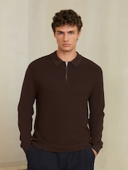 Brown Smart Textured Quarter Zip Knitted Polo Shirt - Image 3 of 9