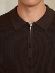 Brown Smart Textured Quarter Zip Knitted Polo Shirt - Image 5 of 9